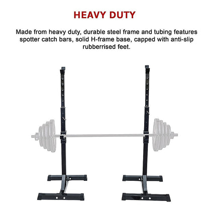 Heavy duty steel squat rack with spotter bars and anti-slip feet for home gym workouts