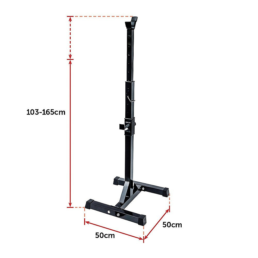 Adjustable black squat rack with 103-165cm height and 50cm base for home gym use