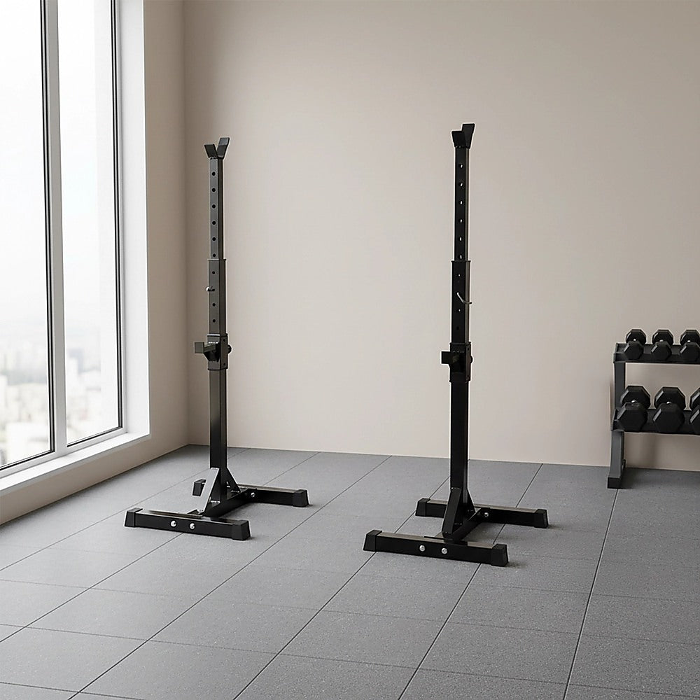 Black squat racks in home gym with dumbbell rack and large window