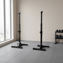 Black squat racks in home gym with dumbbell rack and large window