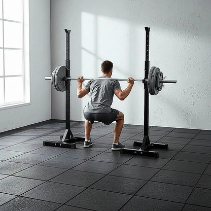 Man performing barbell squat with weight plates in gym setting