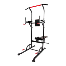 Multi-function power tower workout station with black and red frame, pull-up bar, and bench