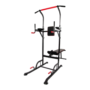 Multi-function power tower workout station with black and red frame, pull-up bar, and bench