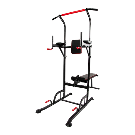 Multi-function power tower workout station with black and red frame, pull-up bar, and bench