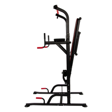 Folded black and red multi-functional power tower home gym equipment on black background