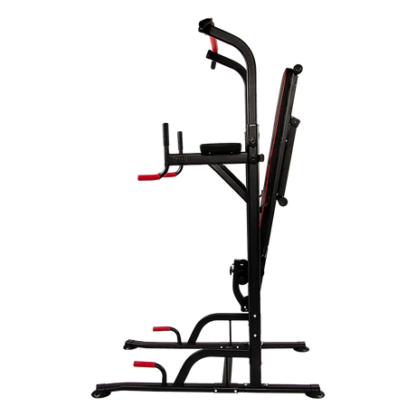Folded black and red multi-functional power tower home gym equipment on black background