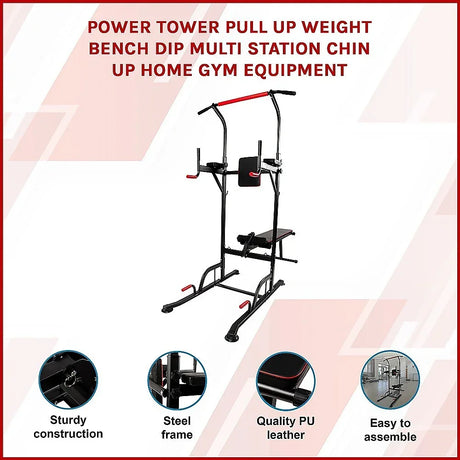 Multi station power tower pull up dip chin up bench for home gym, steel frame, sturdy design