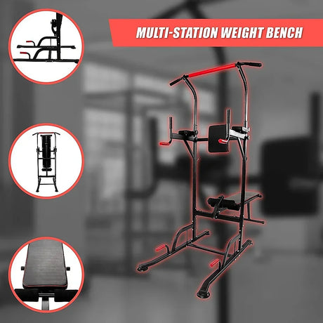 Multi-station weight bench with pull-up bar and padded backrest in gym setting