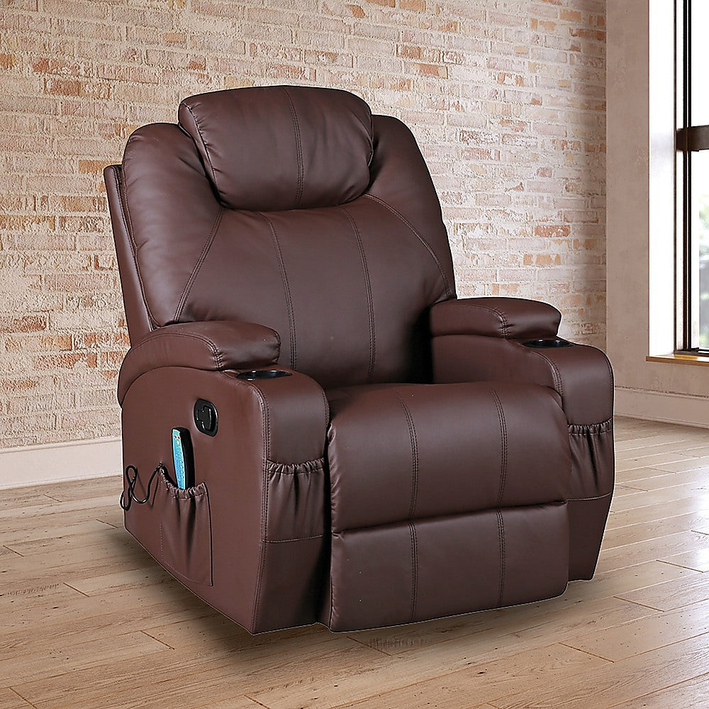 Palermo Massage Recliner Chair 8-Point Heated 360 Swivel PU Leather Brown