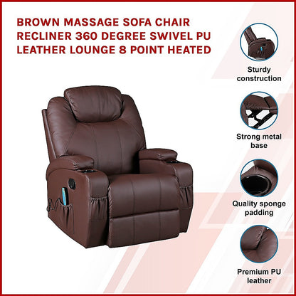 Palermo Massage Recliner Chair 8-Point Heated 360 Swivel PU Leather Brown