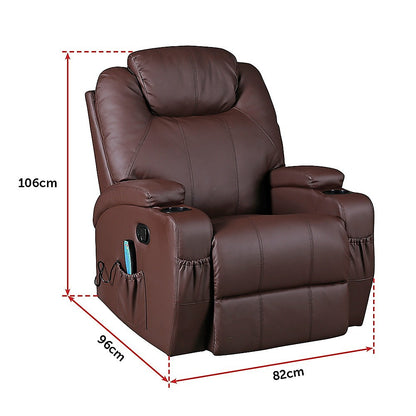 Palermo Massage Recliner Chair 8-Point Heated 360 Swivel PU Leather Brown