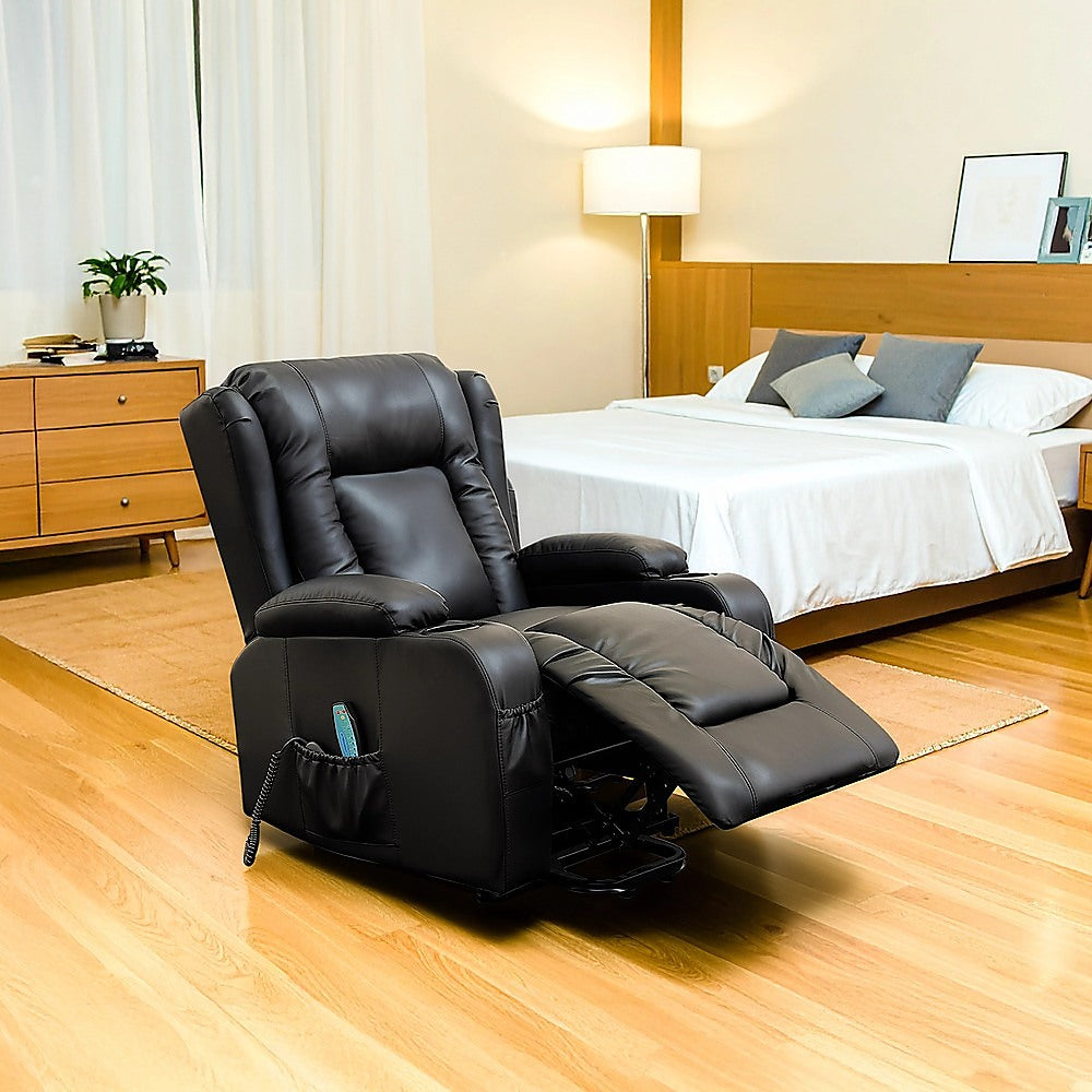 Palermo Electric Lift Recliner Chair 8-Point Heated Massage 165° Recline PU Leather 150kg Black