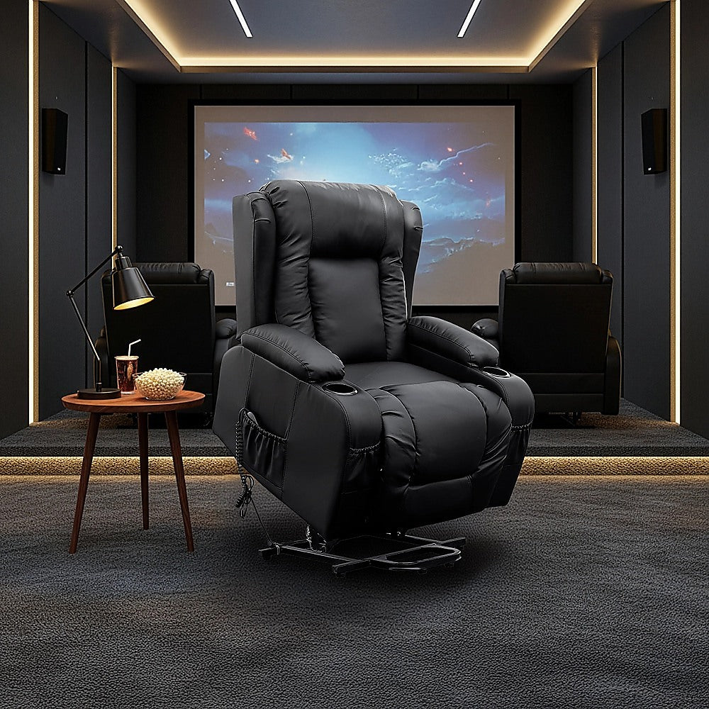 Palermo Electric Lift Recliner Chair 8-Point Heated Massage 165° Recline PU Leather 150kg Black