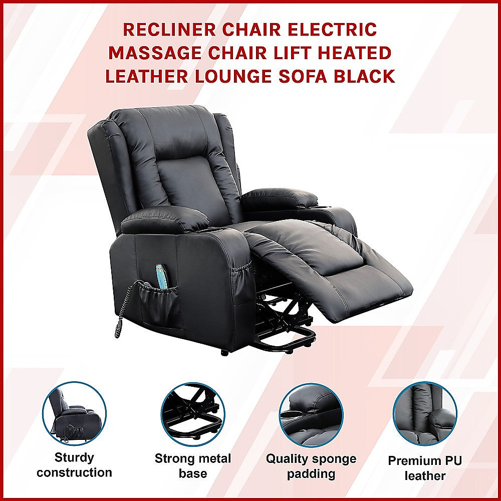 Palermo Electric Lift Recliner Chair 8-Point Heated Massage 165° Recline PU Leather 150kg Black