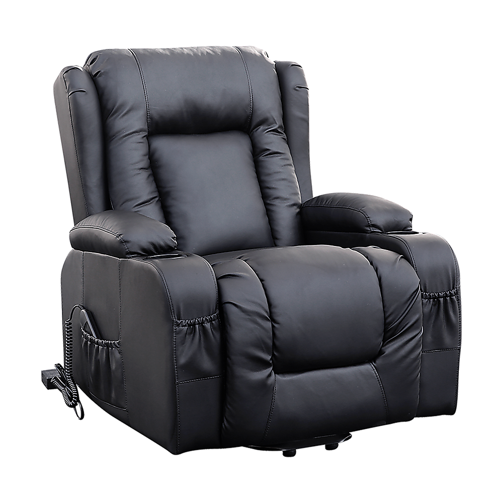 Palermo Electric Lift Recliner Chair 8-Point Heated Massage 165° Recline PU Leather 150kg Black
