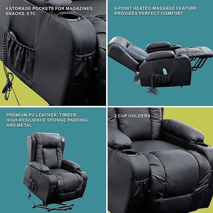Palermo Electric Lift Recliner Chair 8-Point Heated Massage 165° Recline PU Leather 150kg Black