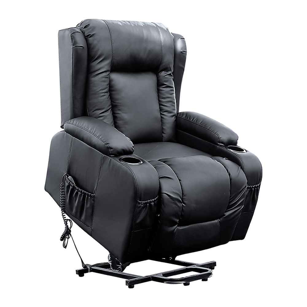 Palermo Electric Lift Recliner Chair 8-Point Heated Massage 165° Recline PU Leather 150kg Black