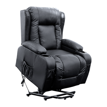 Palermo Electric Lift Recliner Chair 8-Point Heated Massage 165° Recline PU Leather 150kg Black