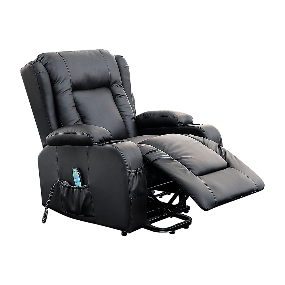 Palermo Electric Lift Recliner Chair 8-Point Heated Massage 165° Recline PU Leather 150kg Black