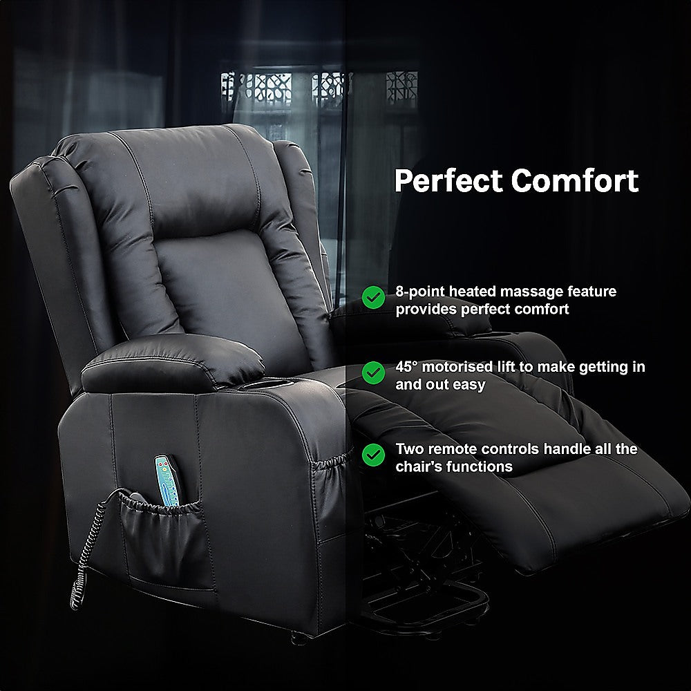 Palermo Electric Lift Recliner Chair 8-Point Heated Massage 165° Recline PU Leather 150kg Black