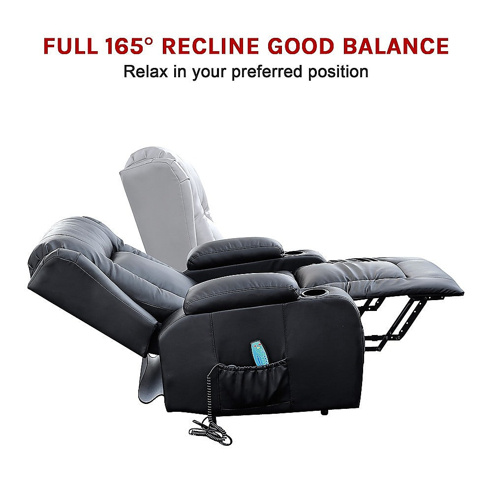 Palermo Electric Lift Recliner Chair 8-Point Heated Massage 165° Recline PU Leather 150kg Black