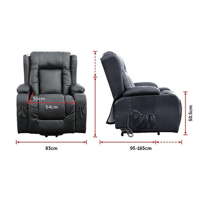 Palermo Electric Lift Recliner Chair 8-Point Heated Massage 165° Recline PU Leather 150kg Black