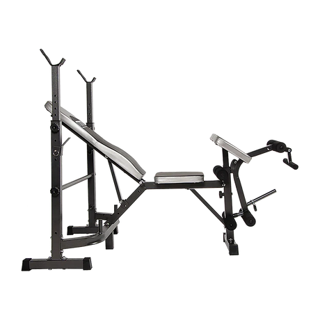 Adjustable weight bench and squat rack gym equipment on black background