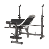 Adjustable weight bench with leg extension and squat rack for home gym workouts