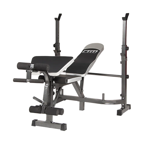 Adjustable weight bench with leg extension and squat rack for home gym workouts