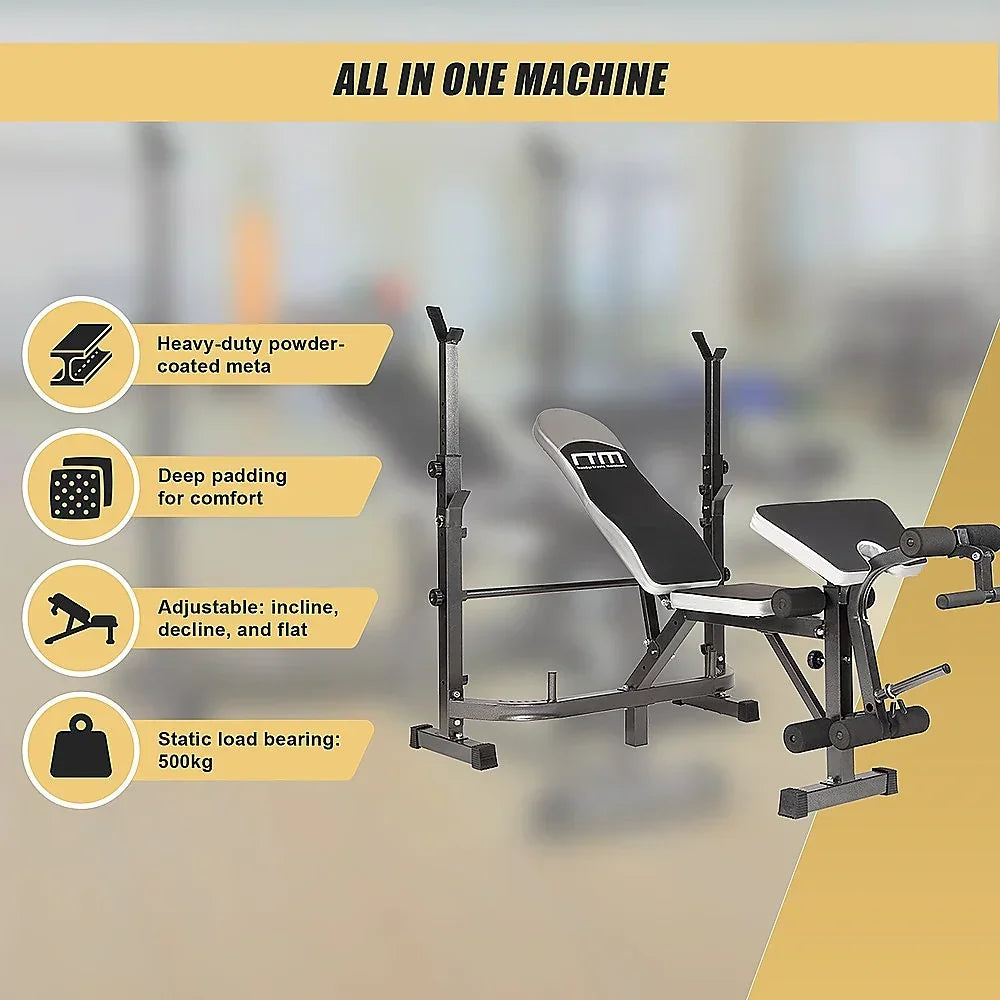 All in one gym bench with deep padding, adjustable settings, and 500kg load capacity