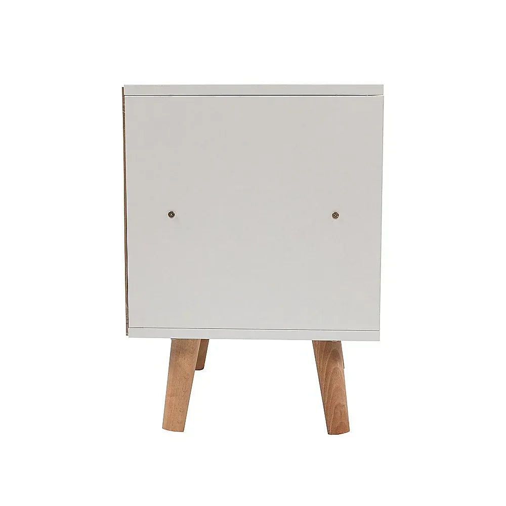 Modern white cabinet with wooden legs, minimalist furniture, isolated on white background