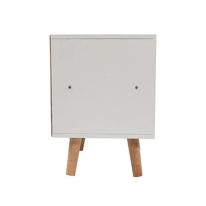 Modern white cabinet with wooden legs, minimalist furniture, isolated on white background