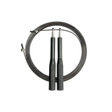 Black adjustable speed jump rope with metal handles and textured grips coiled on white background
