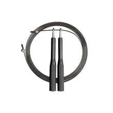 Black adjustable speed jump rope with metal handles and textured grips coiled on white background