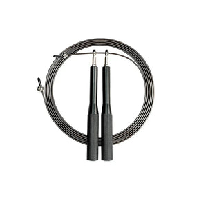 Black adjustable speed jump rope with metal handles and textured grips coiled on white background