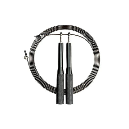 Black adjustable speed jump rope with metal handles and textured grips coiled on white background