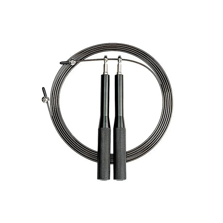 Black adjustable speed jump rope with metal handles and textured grips coiled on white background