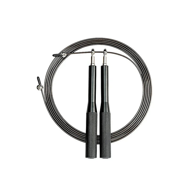 Black adjustable speed jump rope with metal handles and textured grips coiled on white background