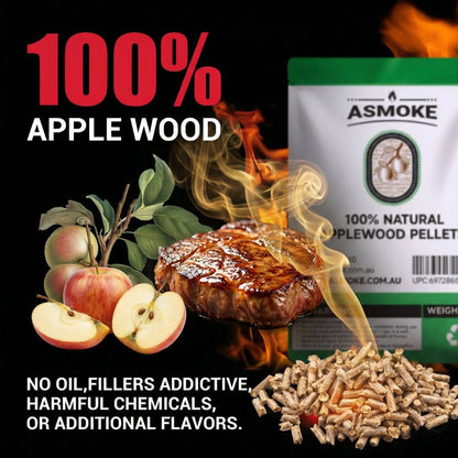 ASMOKE 100% Pure Apple Wood Pellets 9kg (20lb) 6mm Low Ash Moisture-Proof BBQ Smoker Fuel