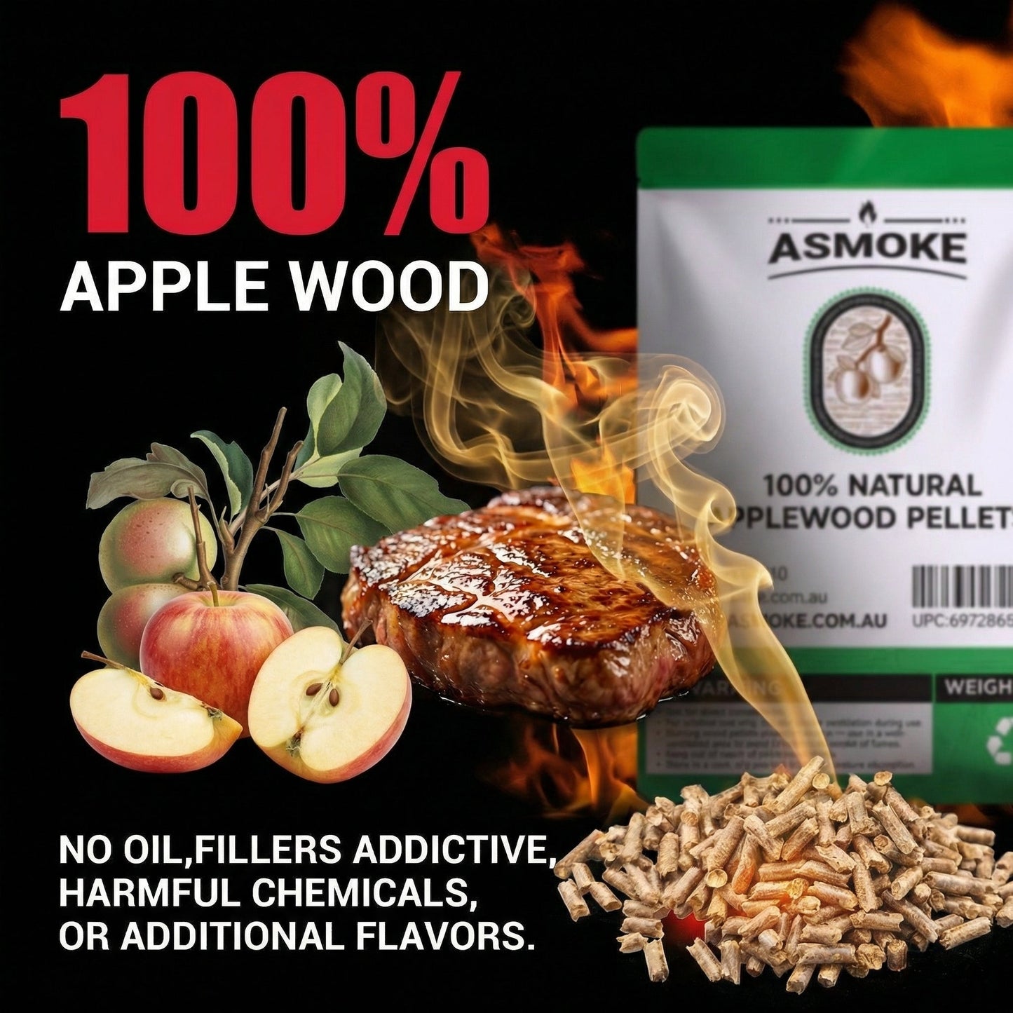 ASMOKE 100% Pure Apple Wood Pellets 2 x 20lb Bags 6mm Low Ash BBQ Smoker Pellets