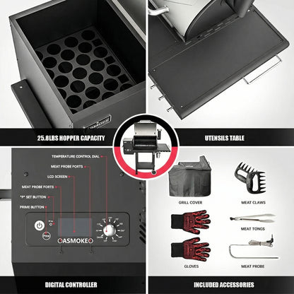 ASMOKE AS660N-2 Wood Pellet Grill Smoker 700sq" 25.8lb Hopper 8-in-1 Cast Iron Grids 5Yr Warranty Silver