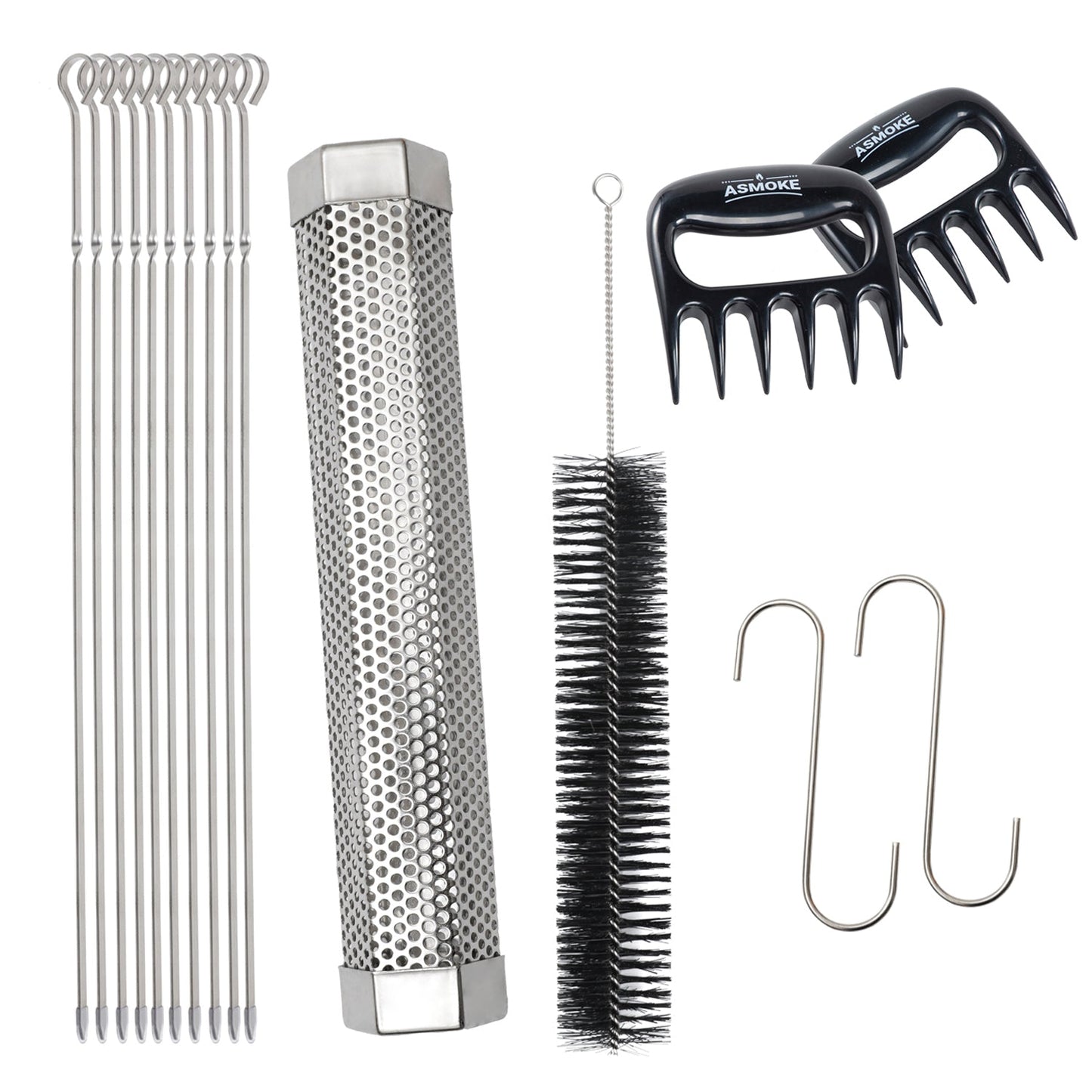 ASMOKE BBQ Accessory Set, 13 Piece, Skewers, Meat Claws and Smoke Tube