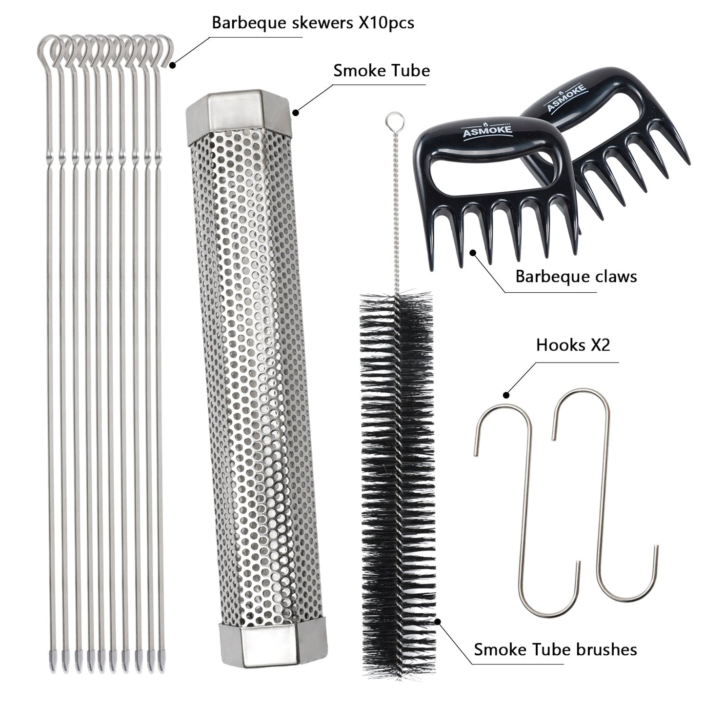 ASMOKE BBQ Accessory Set, 13 Piece, Skewers, Meat Claws and Smoke Tube