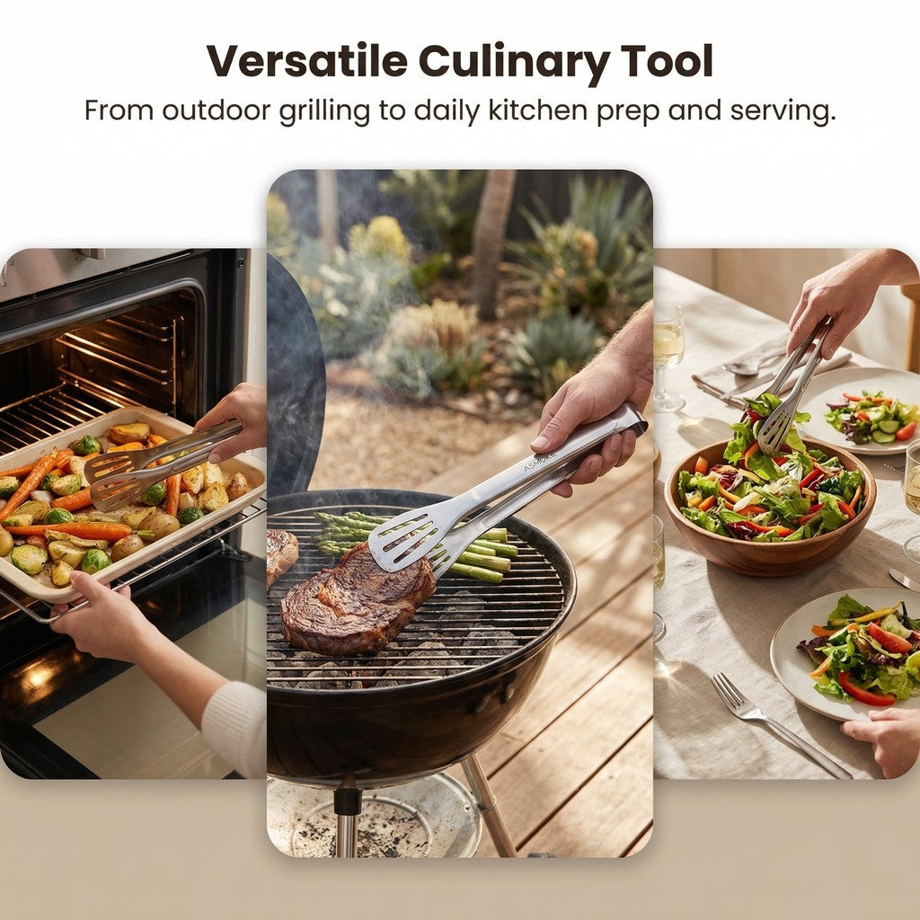 ASMOKE BBQ Tongs 9.2" Locking Ring-Pull Stainless Steel Dishwasher Safe Indoor Outdoor