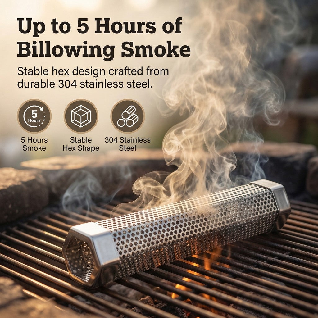 ASMOKE Pellet Smoke Tube 30x5cm Hexagonal 304 Stainless Steel 5Hr Smoke Any Grill