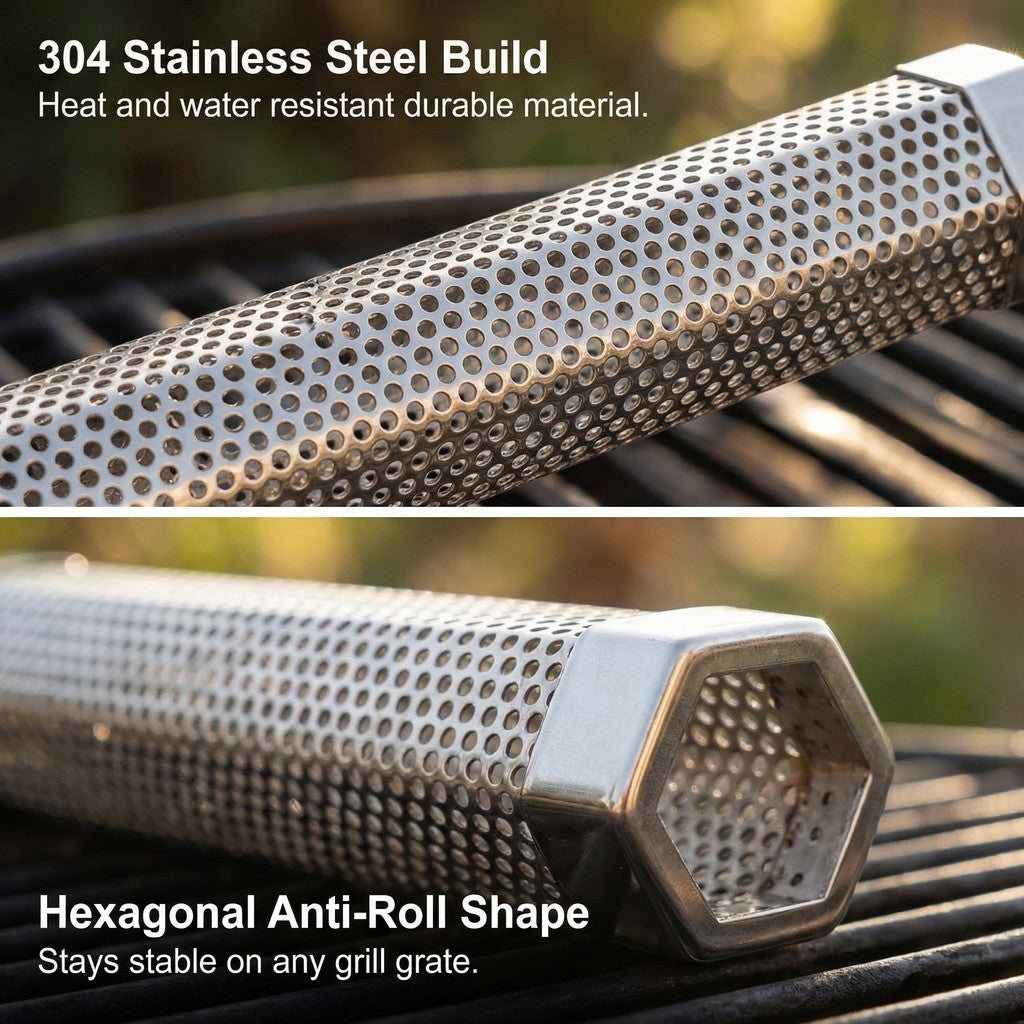 ASMOKE Pellet Smoke Tube 30x5cm Hexagonal 304 Stainless Steel 5Hr Smoke Any Grill
