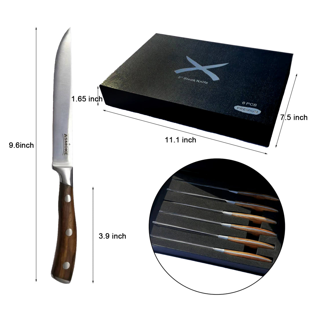 ASMOKE Steak Knife Set 4pc German X50CrMoV15 Steel 20° Bevel Pakkawood Handle Gift Box