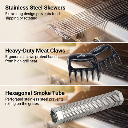 ASMOKE Essential Portable Pellet Grill Bundle, Smoke Tube, Meat Claws, Skewers and Applewood Pellets
