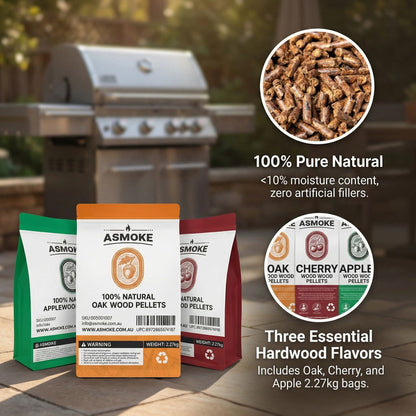 ASMOKE 3-Piece Premium Wood Pellet Variety Pack - Oak, Cherry & Apple (3 x 2.27kg Bags)