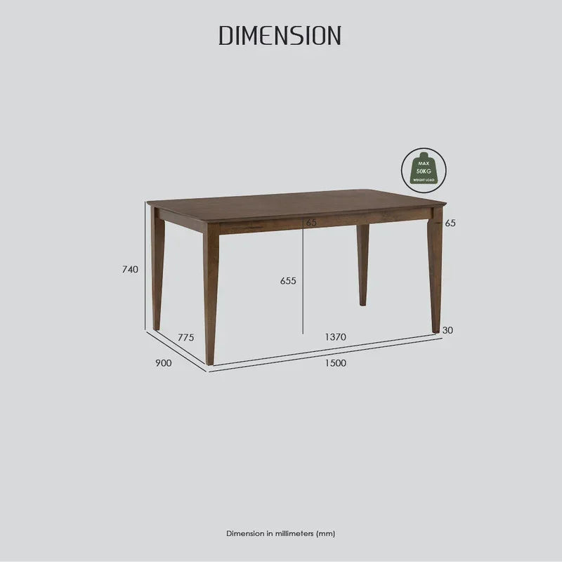 Wooden dining table with dimensions labeled in millimeters, max load 50kg, minimalist style.
